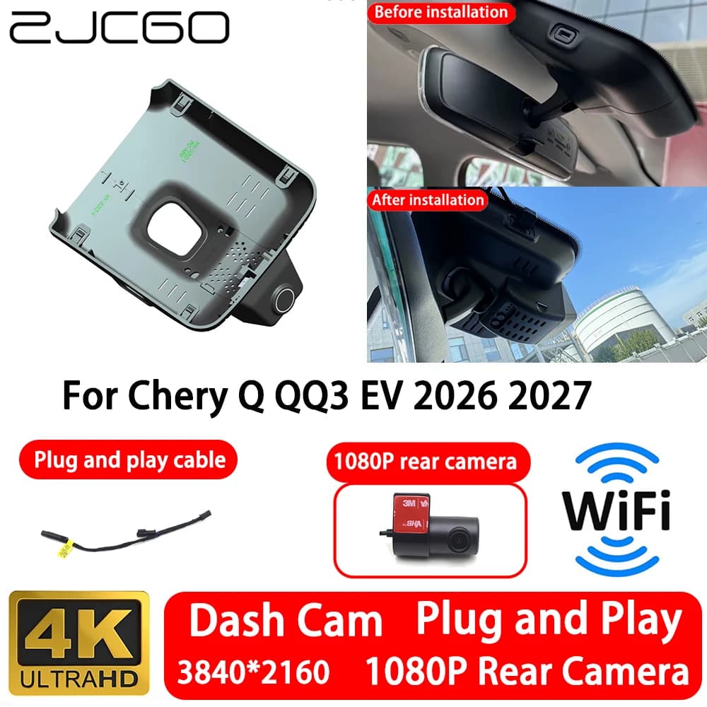 for Chery Q QQ3 EV 2026 2027 4K 2160P Front Rear Camera Dash Cam Wifi Plug and Play Video Recorde Loop Recording Night Vision