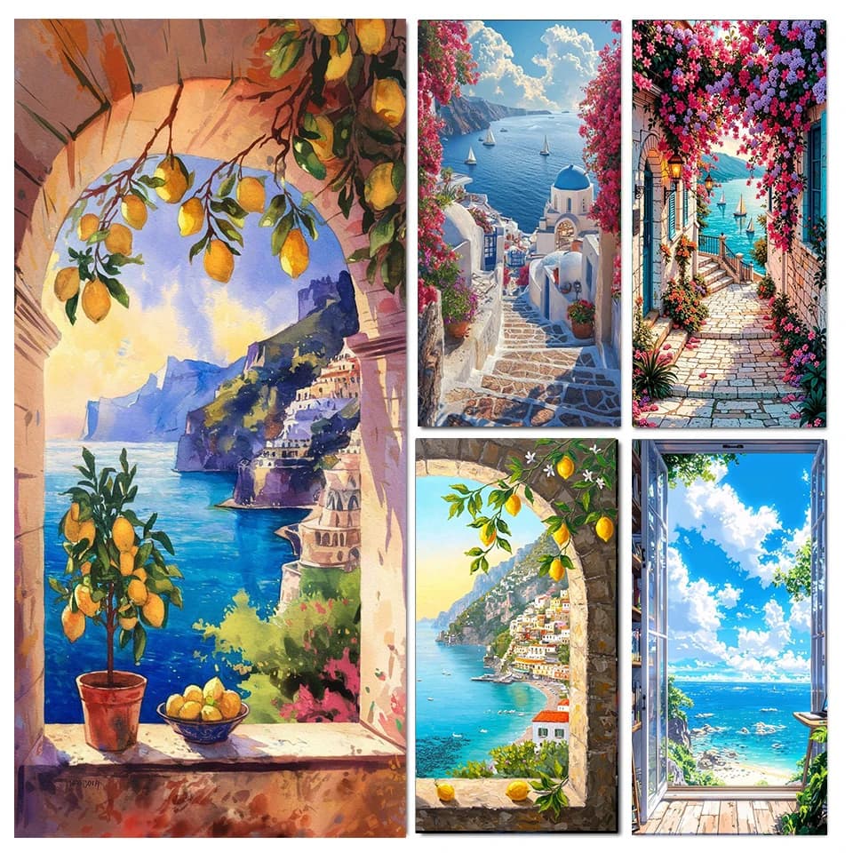 Landscape Diamond Coastal Town Painting Kit Full Round/Square Cross-stitch Home Decoration Embroidery Handmade Gift