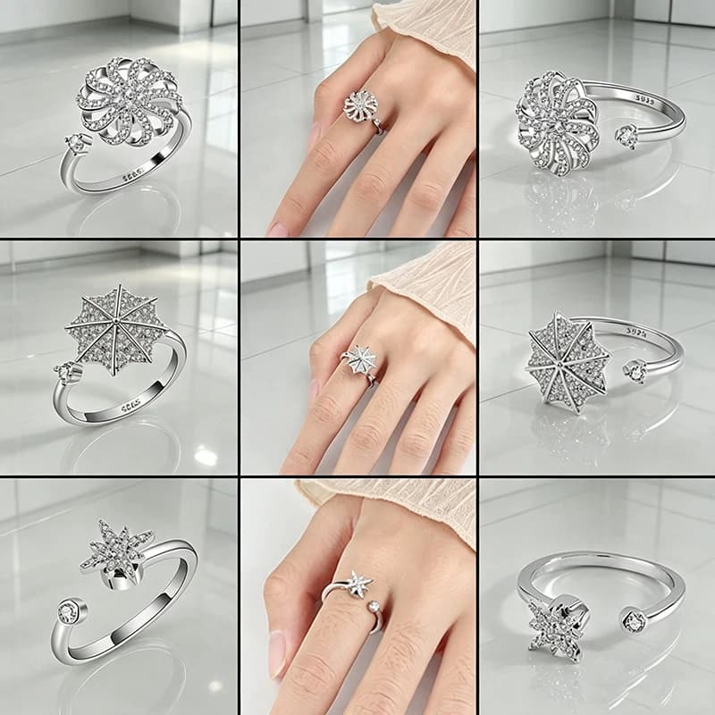 Trendy Anti Anxiety Crystal Umbrella Shaped Spinner Ring Relax Fidget Star Flower Jewelry Ladies Rotate Rings Gifts Accessories