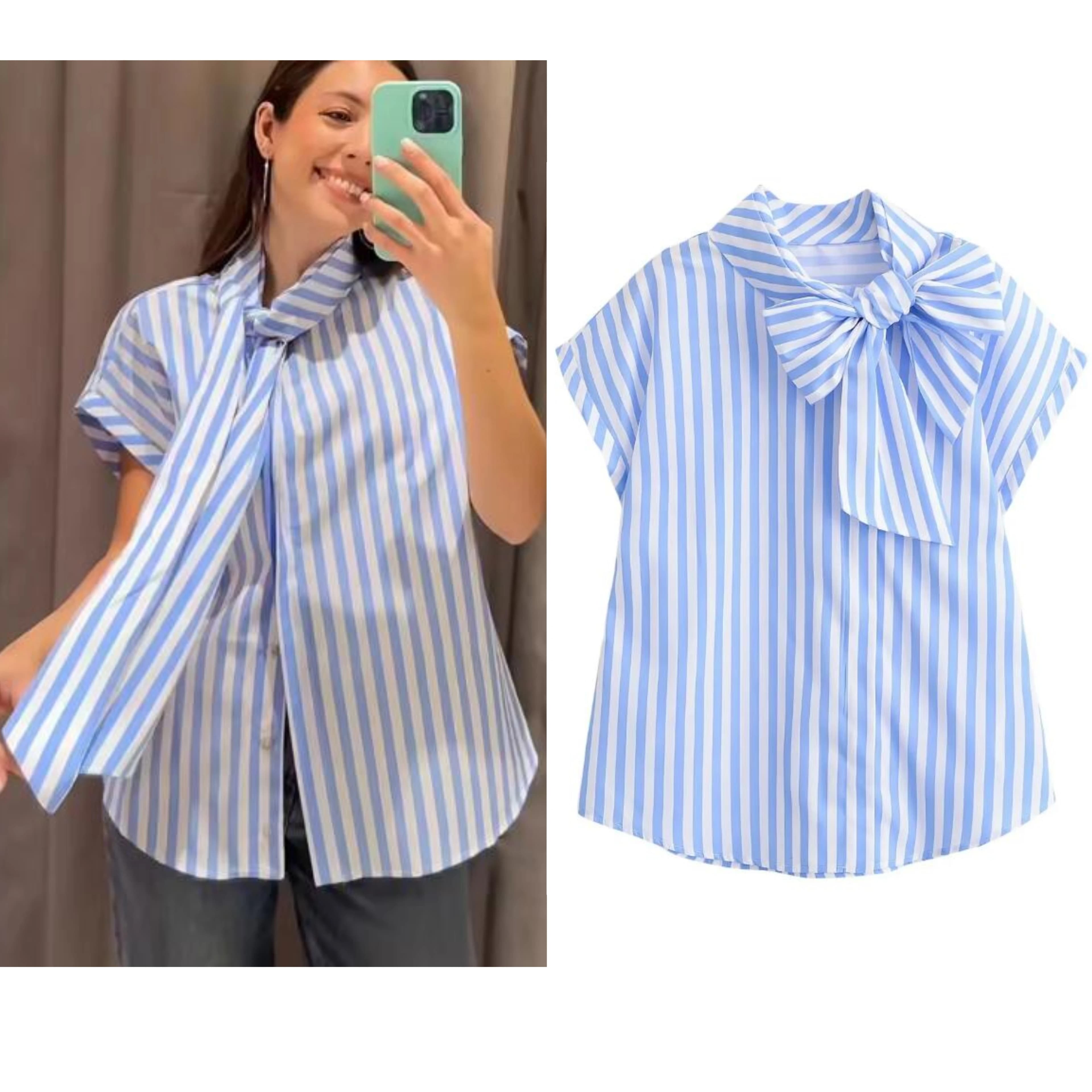 Women's Striped Shirts 2026 Summer Fashion High Neck With Bow Short Sleeve Blouses Casual Female Loose Buttons Tops