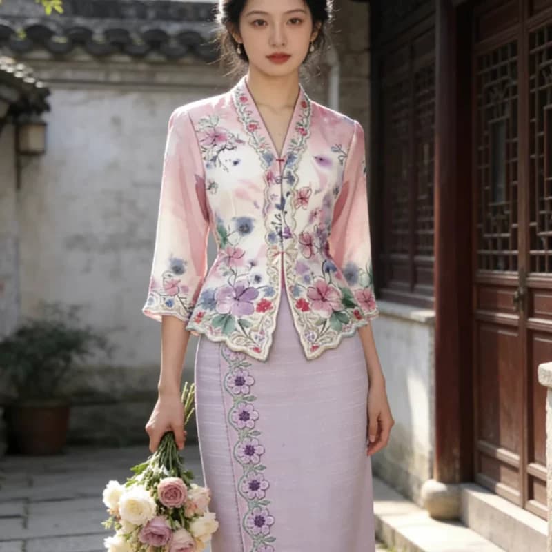 Little Nyonya Clothing Printed Embroidered Lace Slimming Top Hip Wrapping Skirt Set