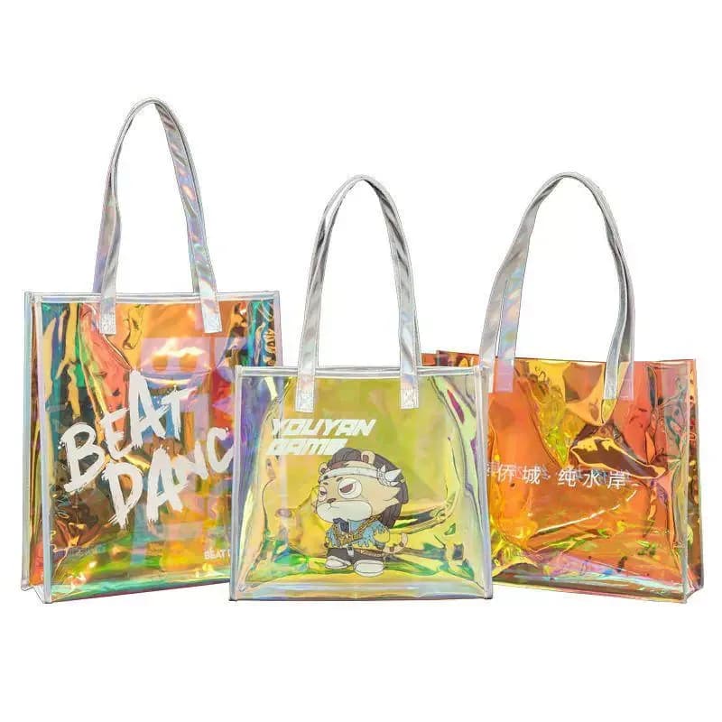 Borsa Tote in PVC Olografico Trasparente con Stampa Personalizzata Cartoon, Borsa Iridescente Trasparente per Regali, Cosmetici e Shopping
