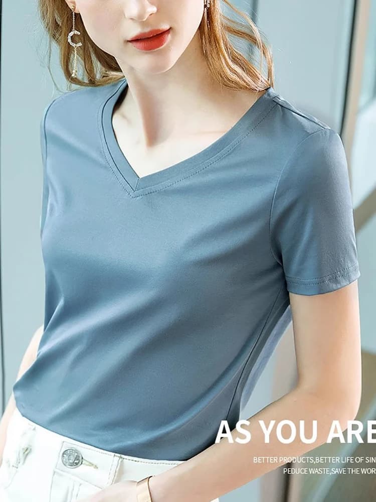 T-shirt a maniche corte con scollo a v in cotone di seta sensibile al ghiaccio per Top oversize elastico da pendolarismo di base da donna