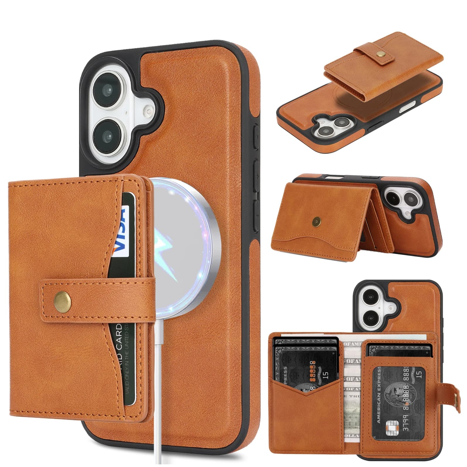Custodia a portafoglio Solt con carte in pelle staccabili magnetiche 2 in 1 per iPhone 17 Pro Max 16 Plus 15 14 13 12 cavalletto per Magsafe Cover