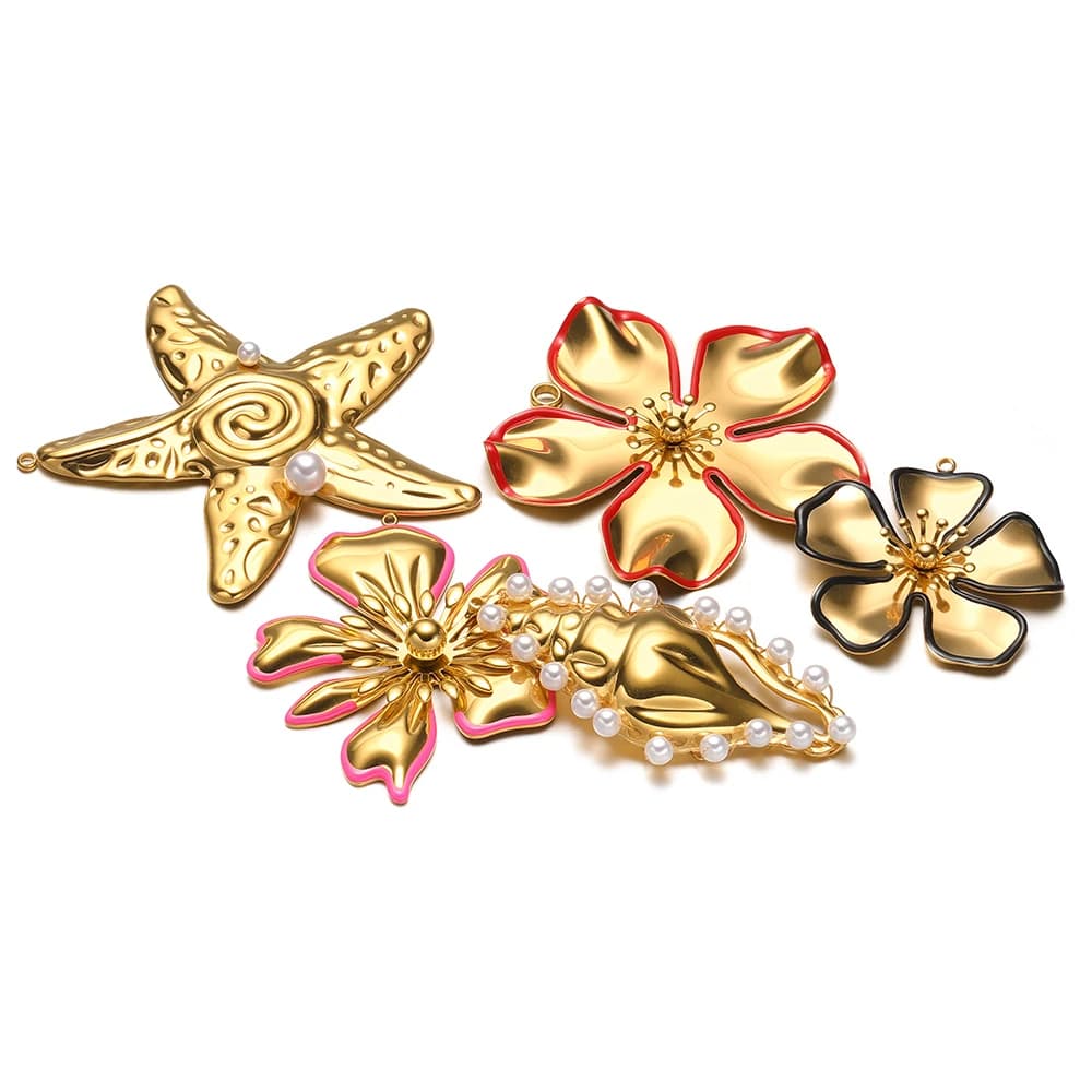 Set di 3 Ciondoli in Acciaio Inox Smaltato a Forma di Fiore, Conchiglia e Stella Marina per Creazione di Gioielli Fai-da-Te, Orecchini e Collane