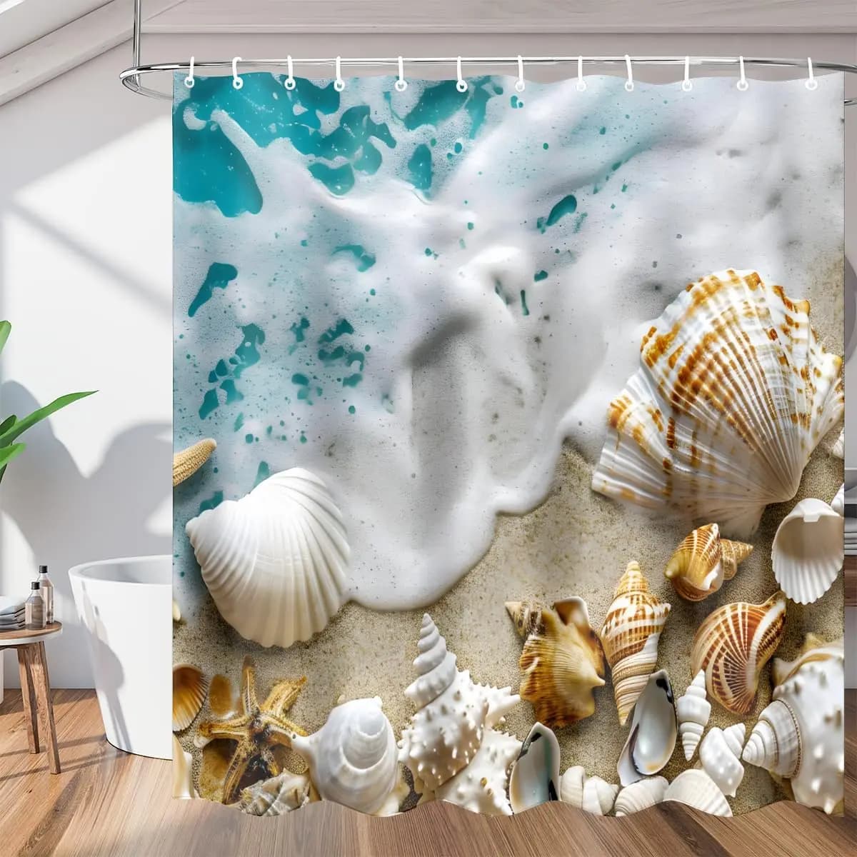 Beach Sea Waves Shell Starfish Tende da doccia 72x72 pollici Pupazzo di neve Albero di Natale Set di tende da doccia per bagno con 12 ganci, poliestere