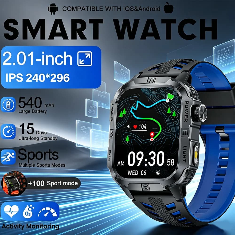 Smartwatch da Uomo 2.01" AMOLED 2026 Nuovo GPS Bussola Impermeabile 3ATM Chiamate Wireless ChatGPT Monitoraggio Salute Sport Outdoor