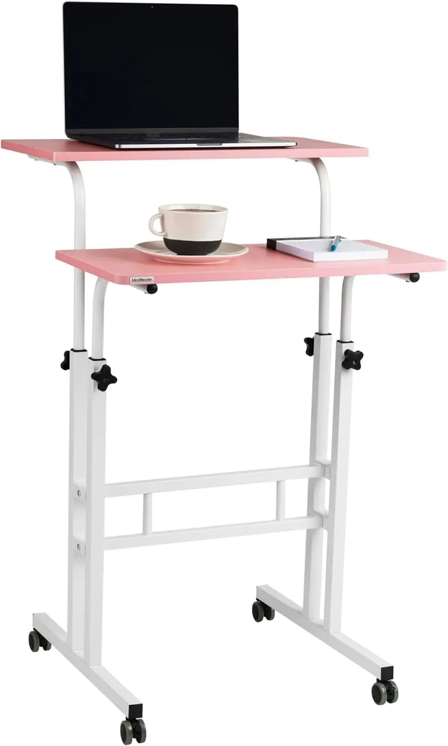 Scrivania regolabile in altezza, postazione di lavoro portatile per laptop con ruote, struttura in metallo a due livelli, rosa