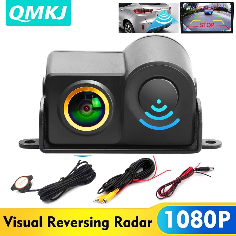 QMKJ1080P Sensore rilevatore radar di parcheggio per visione notturna HD Telecamera per parcheggio per auto grandangolare 180 + cicalino Telecamera per retromarcia con obiettivo dorato