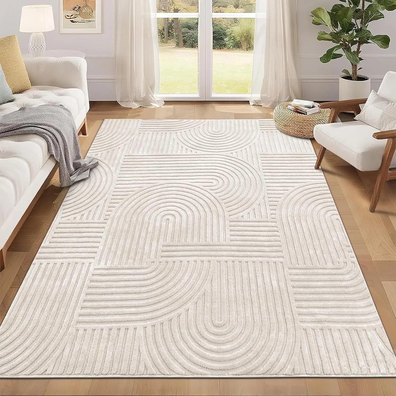 5x7 Washable Mat, Soft and Soft, Living Room Anti-slip, Bedroom, Kitchen, Office, Modern Beige Solid Color
