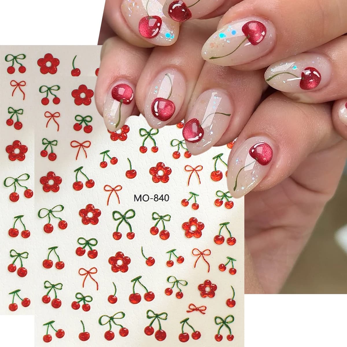 Adesivi per unghie 5D con ciliegie in rilievo, adesivi con fiocchi dolci e carini, disegni di ciliegie fai da te, motivi a fiocco e adesivi per unghie con motivi a cuore