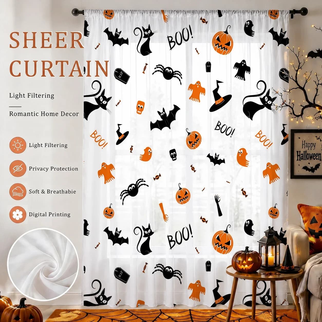 Halloween Festival Sheer Curtain, Good Quality Light Reducing Privacy Voile for Living/Bedroom/Kids Room,Mother's Day Gift