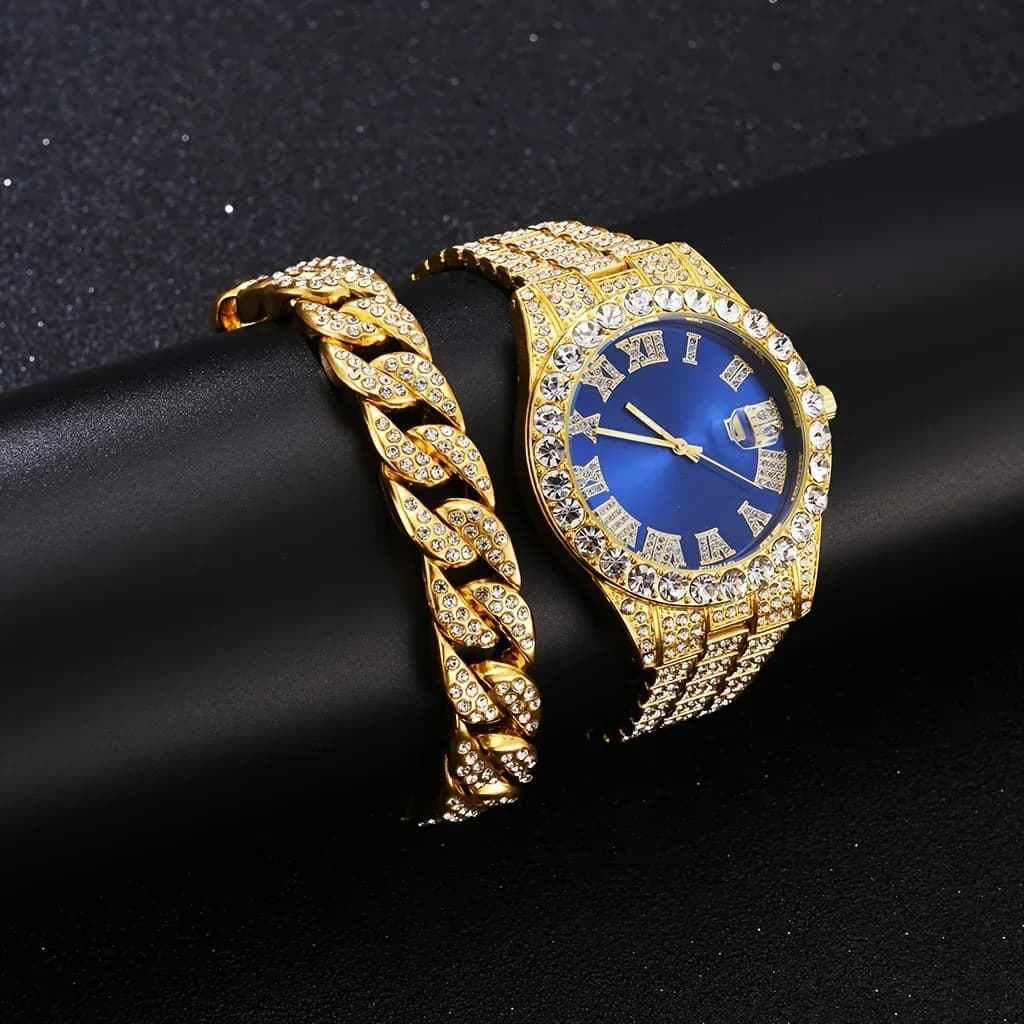 Orologio al quarzo da uomo europeo e americano personalizzato in stile hip-hop con fantasma feng shui e diamanti, con bracciale hip-hop abbinato
