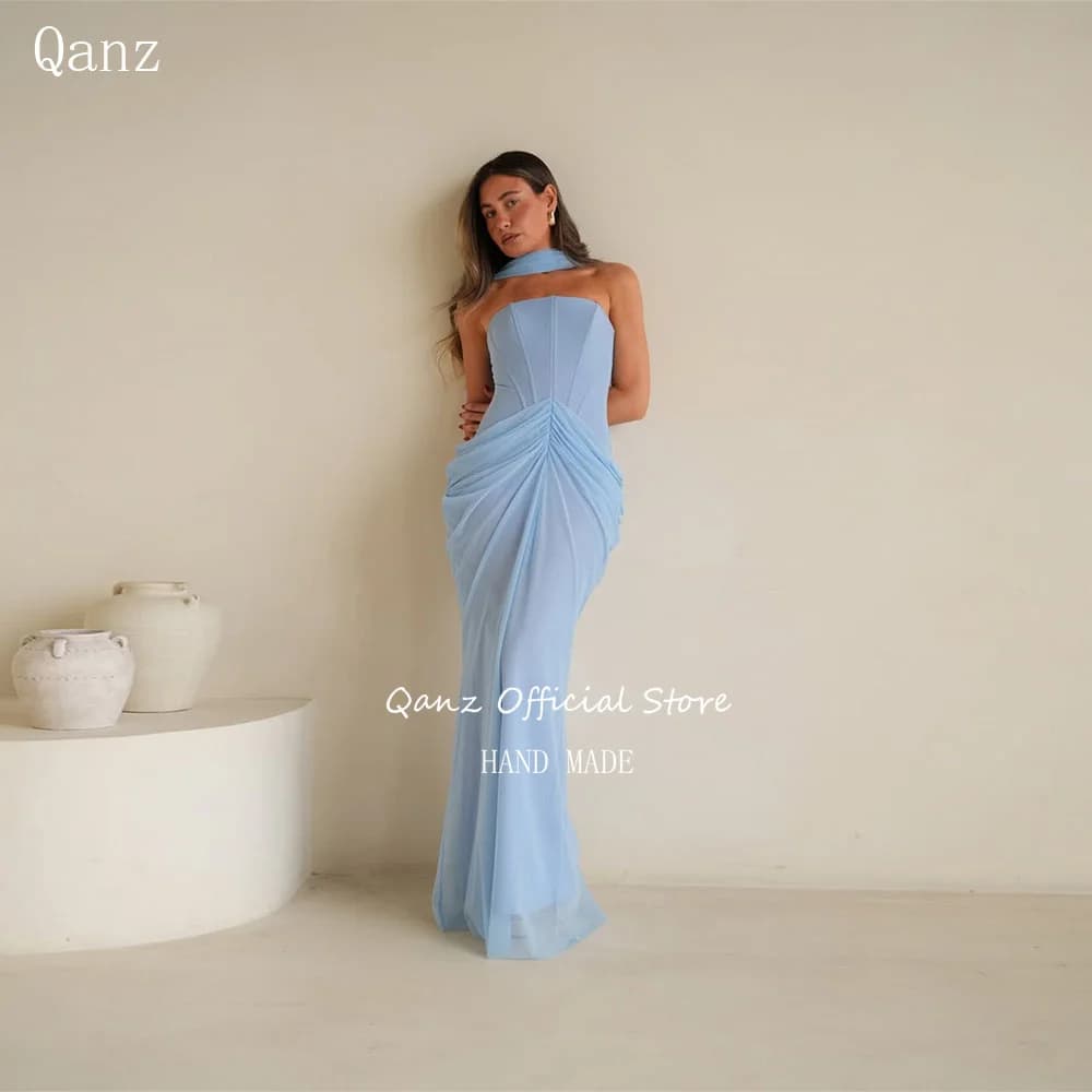 Qanz Elegante abito da sera azzurro a sirena senza spalline Abiti formali da donna Abiti da cerimonia nuziale da donna personalizzati