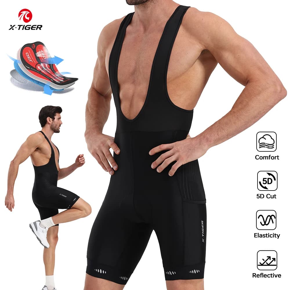 X-TIGER Men's Cycling Bike Bib Short with Phone Pockets 5D Padded Shockproof Breathable Quick-Dry Biking Bicycle Bib Tights