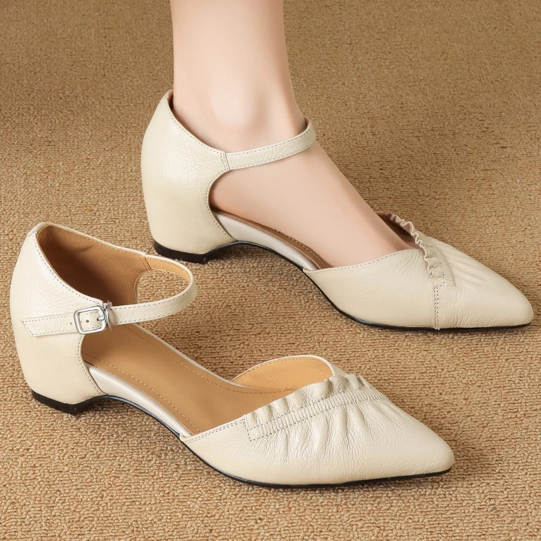 Sandali da donna Danxuefei in pelle di pecora con punta a punta e fibbia alla caviglia, tacco a zeppa medio da 5,5 cm, eleganti scarpe estive da donna con tacco sottile.