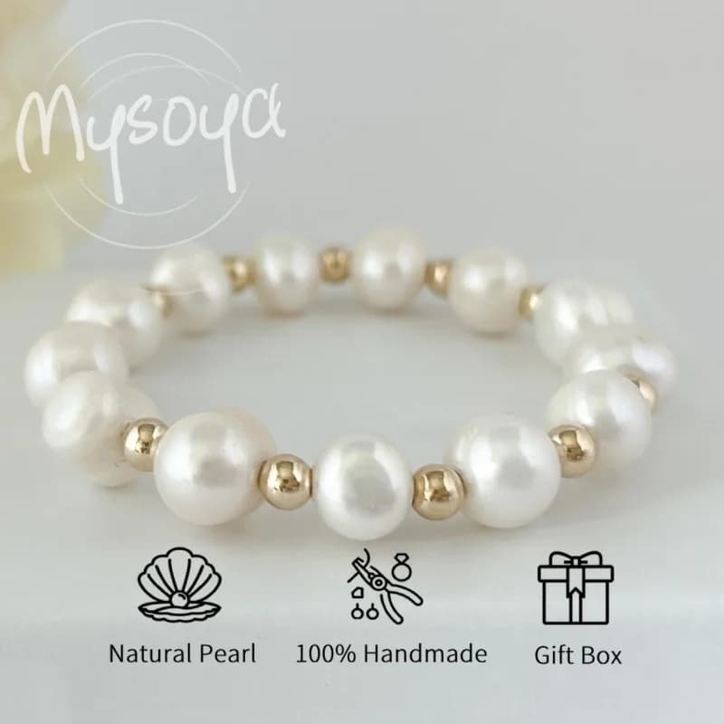 MYSOYA Bracciale con perle d'acqua dolce bianche da 8-9 mm con confezione regalo per lei/lui compleanno/matrimonio/natale/regalo di Capodanno
