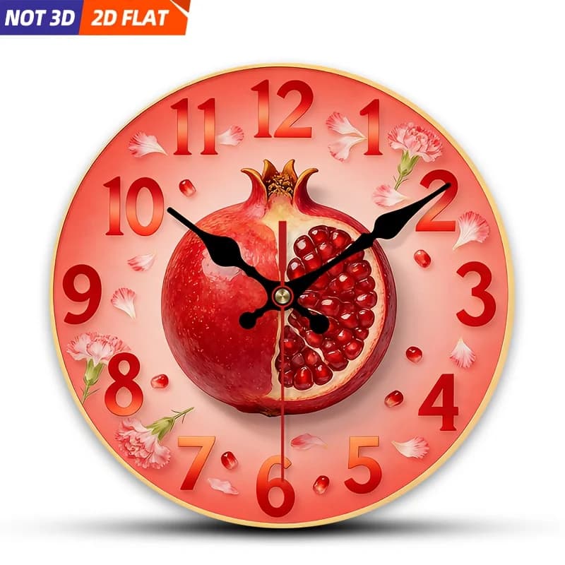 2D Piatto. 1 pezzo. Orologio da parete a tema melograno, orologio decorativo silenzioso, orologio da parete creativo, adatto per decorare camere da letto, soggiorno