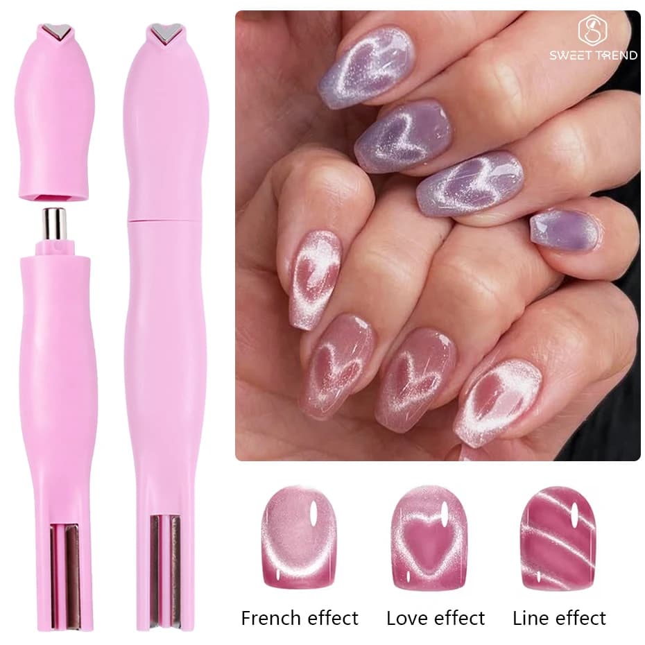 3-In-1 Heart Shape Cat Eye Nail Art Magnet Double Line Moon Snake French Magnet Pen for Magnetic Gel Polish DIY Manicure Tools