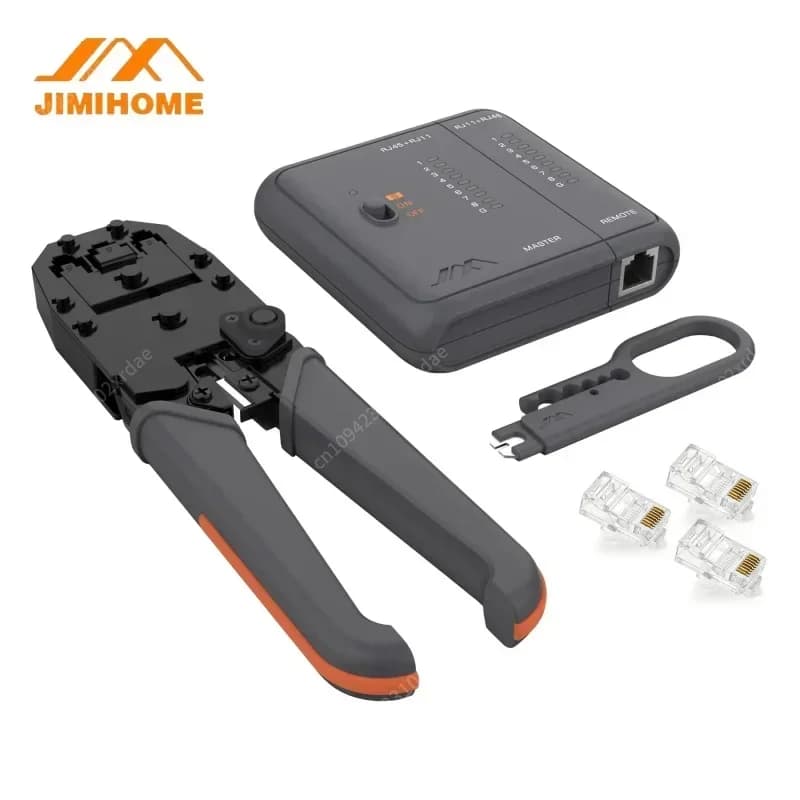 JIMIHOME Set di Strumenti per Servizi di Rete Tutto-in-Uno con Crimpatrice Modulare a Cricchetto, Tester per Cavi di Rete LED e Connettori RJ45