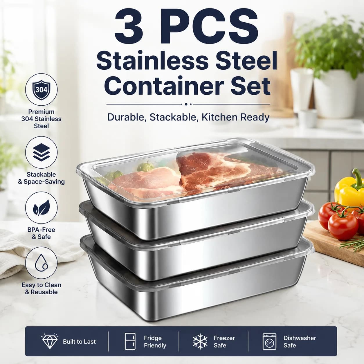 3 Pack Stainless Steel Food Storage Containers with Lids, Rectangular Metal Meal Prep Containers, Freezer Safe Meat Storage Trays for Refrigerator, Fridge Organizer, Leftovers, Raw Meat, Food Preservation