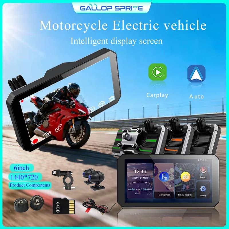 Gallop Sprite Navigazione GPS per moto da 6 pollici Wireless CarPlay Android Auto DVR Drive Registratore Monitor per moto portatile IPX7