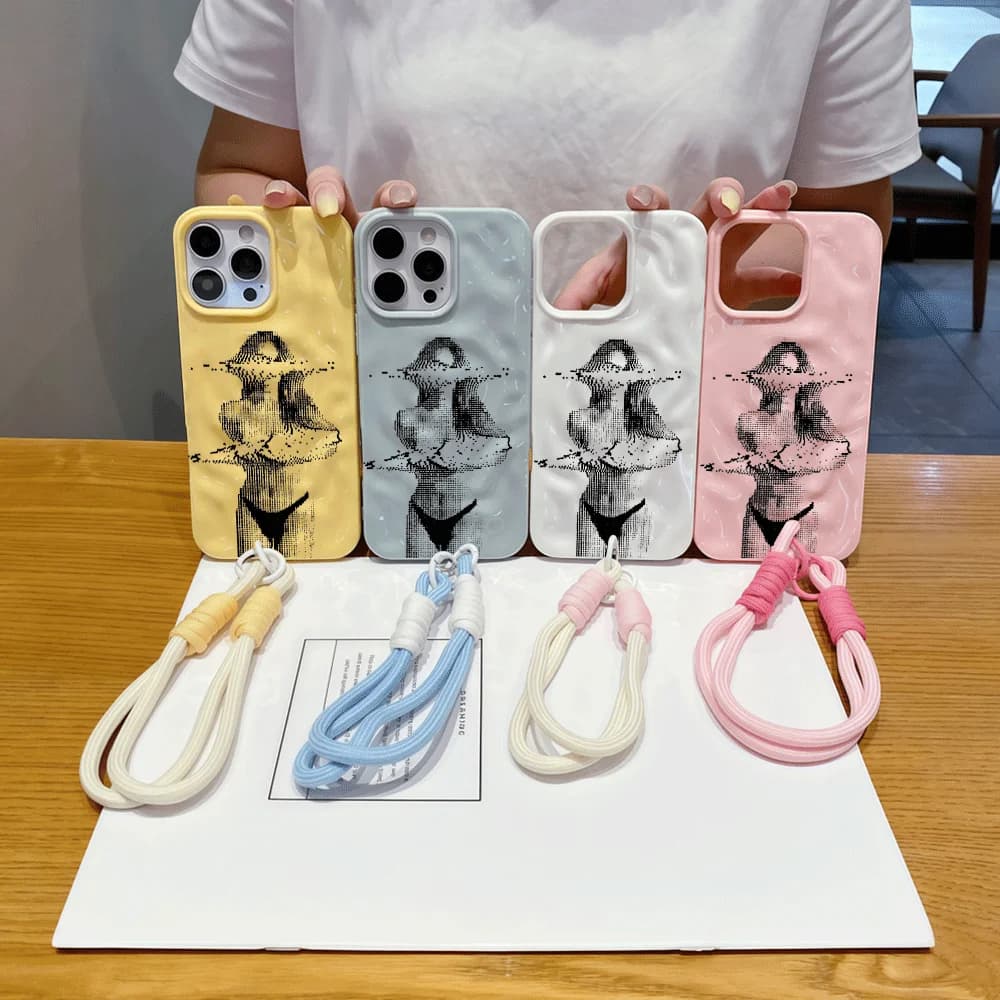 Fashion Sexy Mosaic Woman Wrinkle Texture Lanyard Phone Case For iPhone 17 Air 16 15 14 13 12 11 Pro Max SOft Candy Color Cover