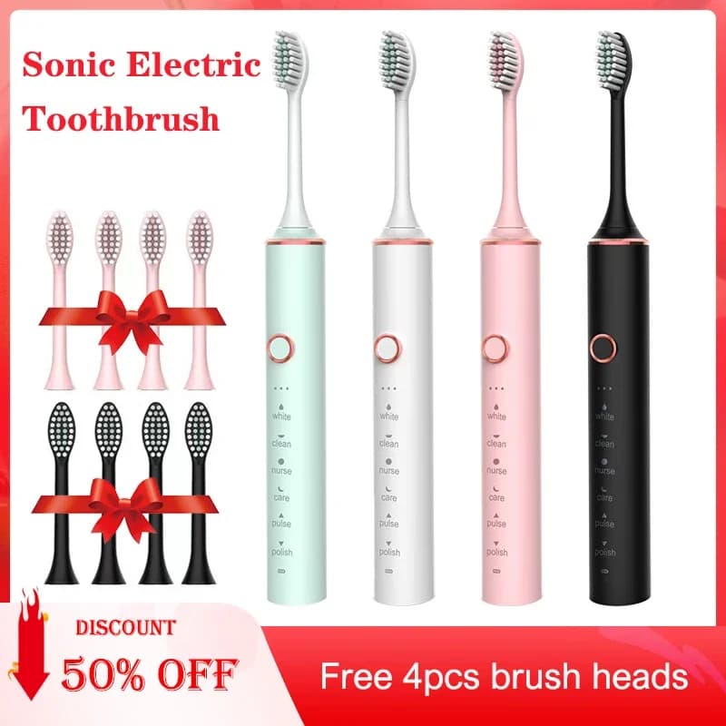 Quick Charging USB Electric Toothbrush with Intelligent Timer, Adult Rechargeable Brush Set with Replacement Heads