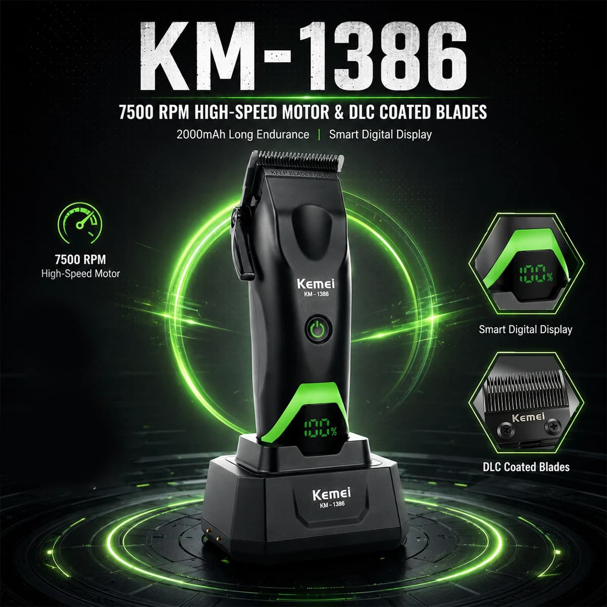 Tagliacapelli Professionale Kemei KM-1386 8000RPM con Lama DLC, Base di Ricarica, Display LED e Batteria da 2000mAh per Barbieri