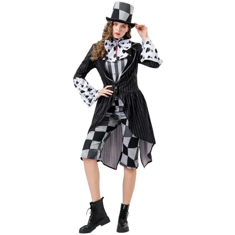 Mad Hatter Costume for Women Plaid Tailcoat Set Alice in Wonderland Waistcoat Bow Tie Top Hat Halloween Stage Performance