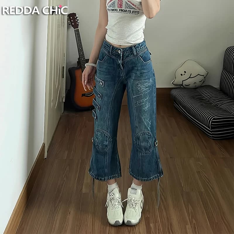 ReddaChic Women's Graffiti Print Cargo Bermuda Shorts Retro Low Waist Loose Wide Leg Flare Crop Jean Shorts Harajuku Streetwear