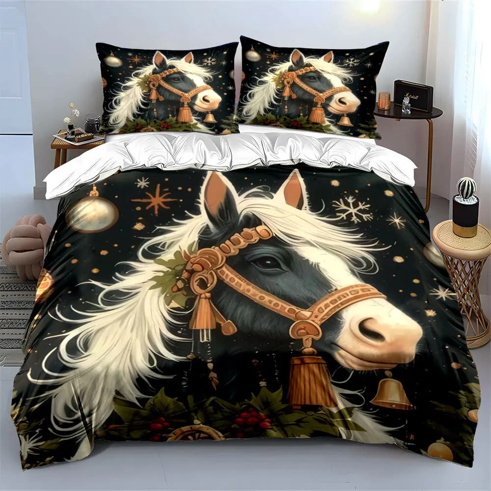 Set di decorazioni natalizie a tema cavallo, morbido e confortevole set di biancheria da letto con copripiumino, include 1 copripiumino e 2 federe, idea regalo