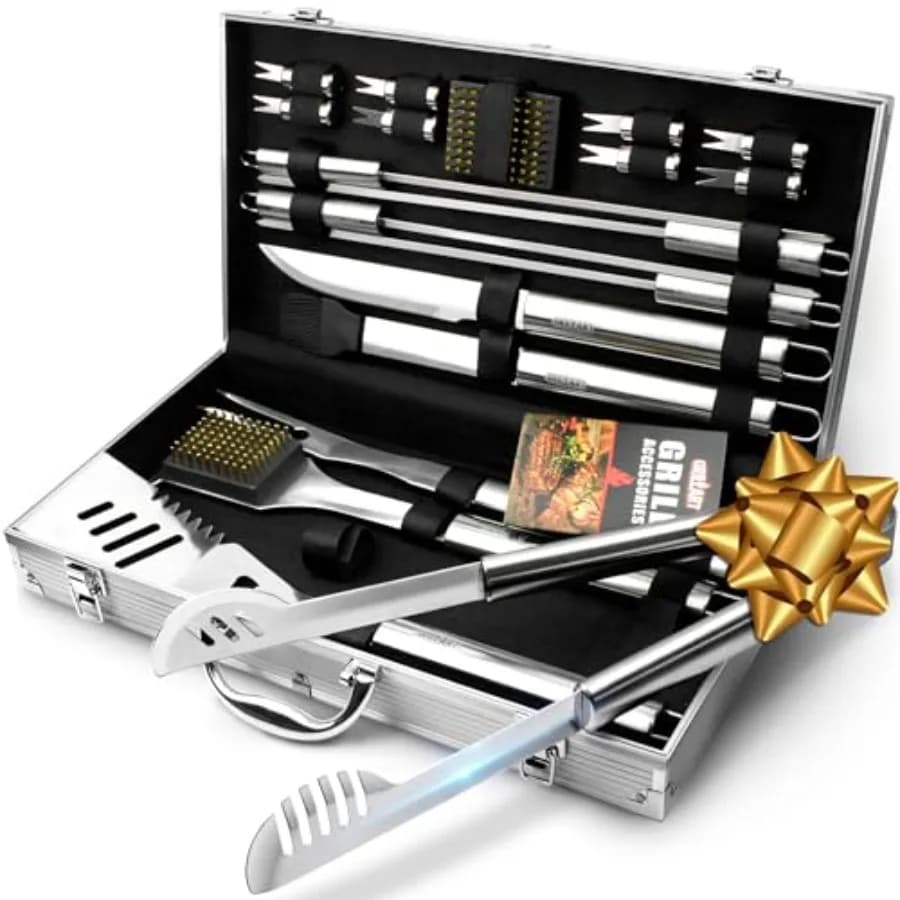 Set di Utensili per Barbecue, Pinze Rinforzate, 19 Pezzi in Acciaio Inox, Accessori per Grigliate con Custodia in Alluminio