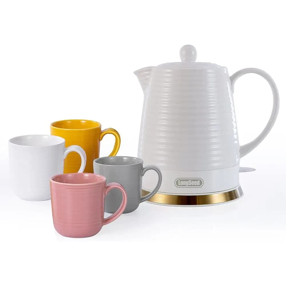 1,26 Liters Ceramic Electric Kettle with Infuser and Set Cups, Water Teapot, Surheating Protection, Automatic Shutdown, Stackable Base