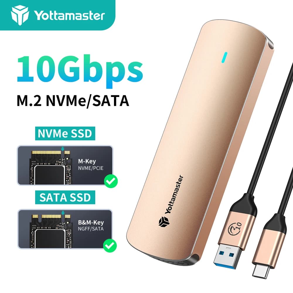 Yottamaster M.2 NVMe SATA SSD Enclosure Dual Protocol 10Gbps NVMe, 5Gbps SATA - Case Esterno per Disco Rigido, Adattatore per Unità a Stato Solido