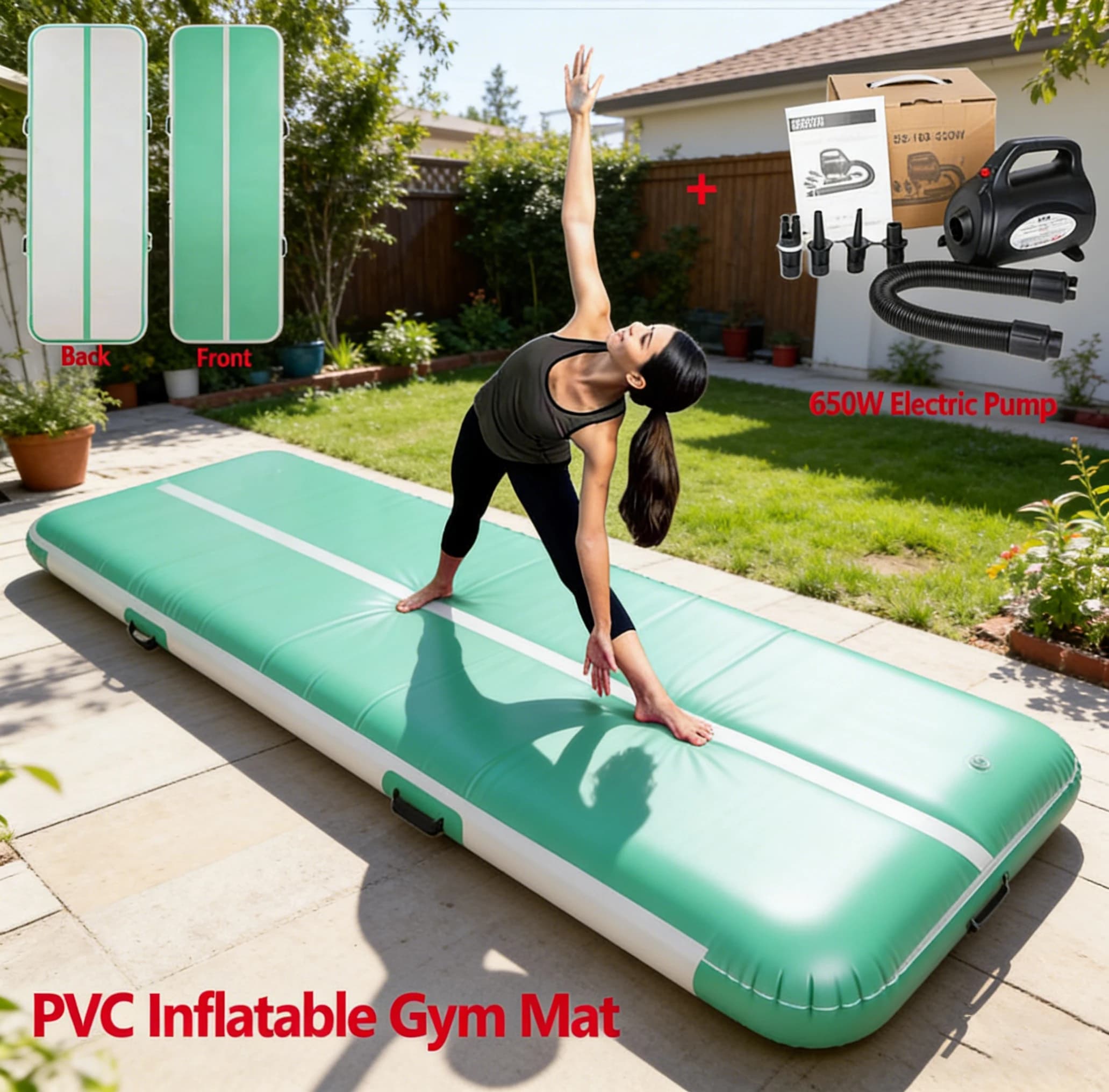 Green Inflatable Mat for Gymnastics, Fitness, Yoga, Tumbling for Children and Adults