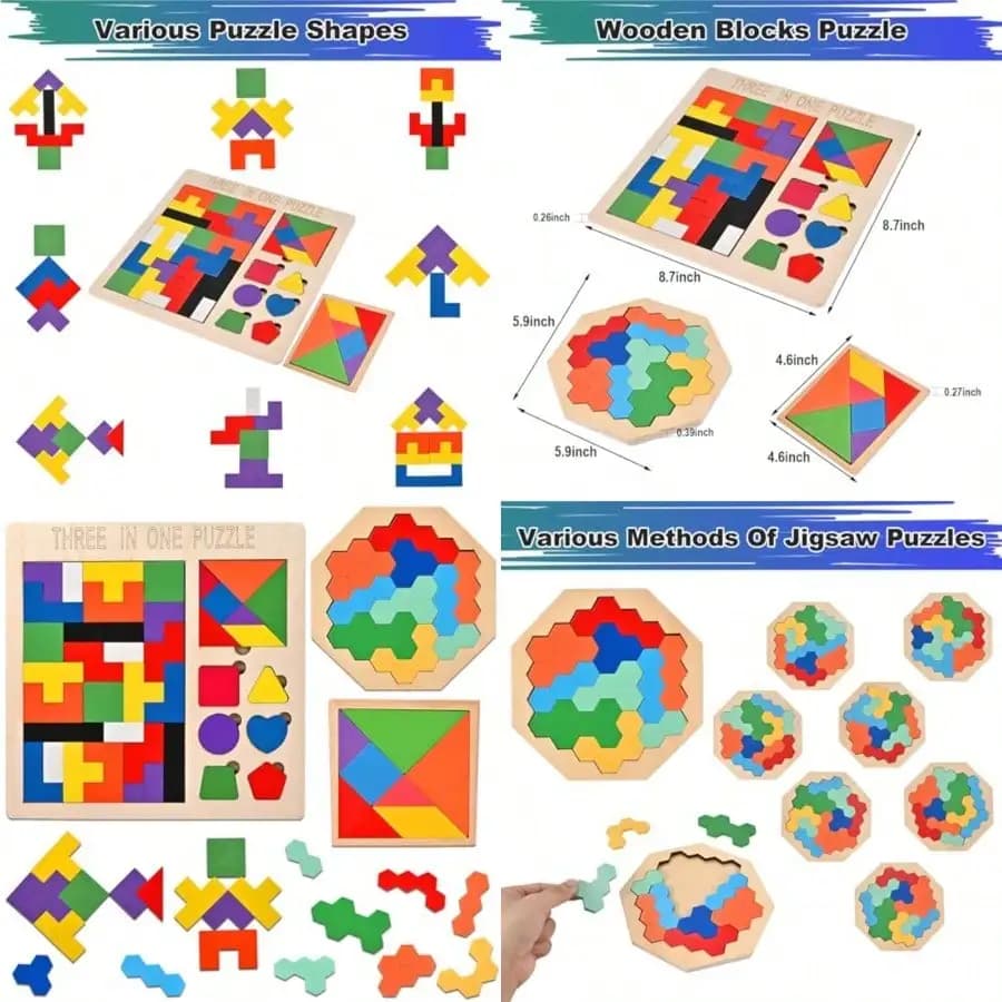 Set di 3 puzzle in legno, blocchi russi e Tangram, rompicapo Montessori, gioco educativo STEM
