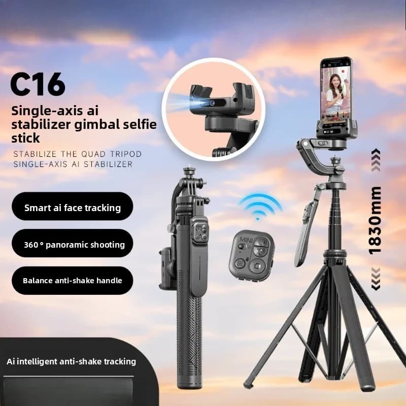 Stabilizzatore per cellulare C16, gimbal intelligente con IA anti-vibrazione, selfie stick con tracciamento automatico del soggetto.