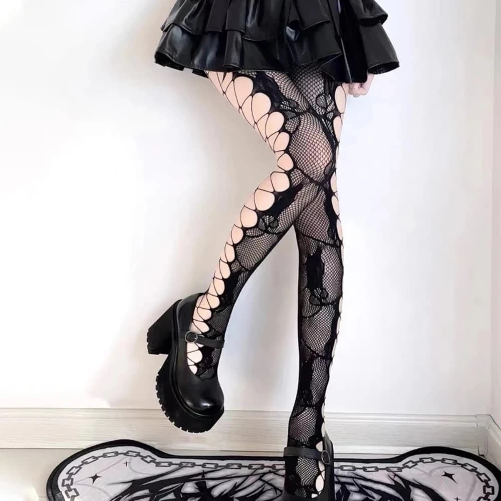 Collant a rete da donna a vita alta con fantasia floreale, calze a rete a coscia alta, calze a rete intrecciate da donna