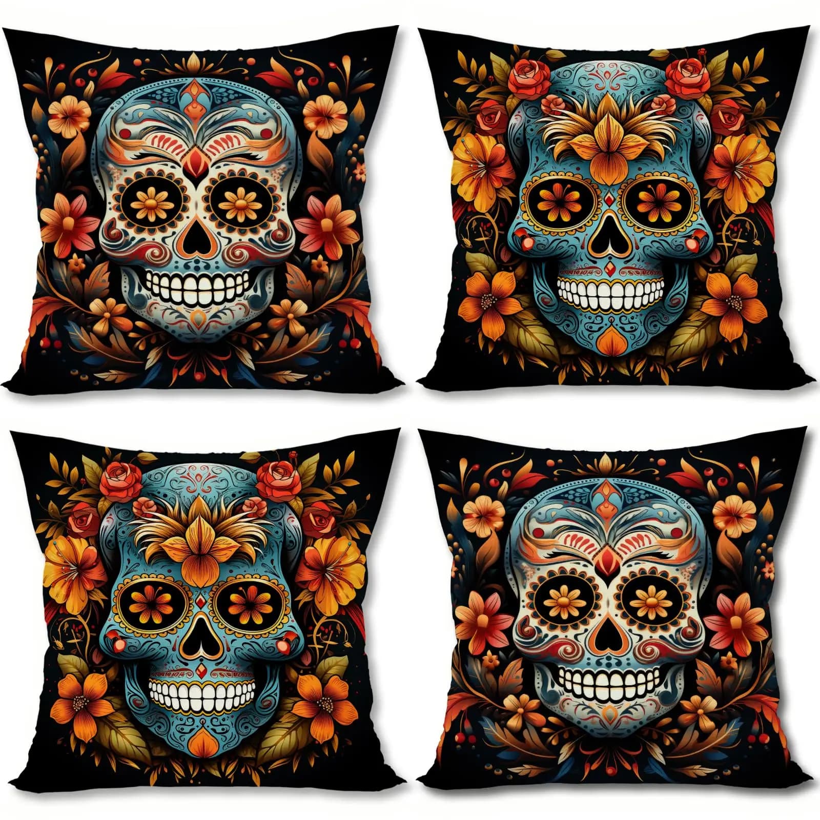 Set di 4 fodere per cuscini Day of The Dead, teschio di zucchero, calendula, Dia De Los Muertos, decorazioni per feste messicane Fiesta per divano divano