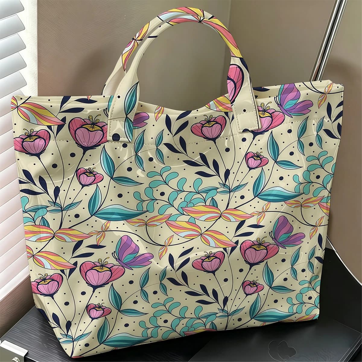 Floral Butterfly Hot Sale Large Glossy PVC Tote Bag Hand Washable Waterproof Great for Travel Commute Makeup Storage Handbags