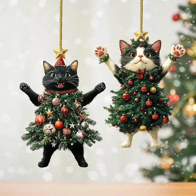 2PCS 2DChristmas Tree Pendants Cute Cat Hanging Ornaments for Car Backpack Xmas Tree Decorations Party Supplies New Year Gifts
