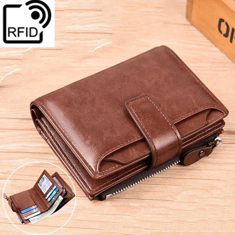 Wallet Men Business Anti-theft Genuine Leather Wallet RFID Blocking Zipper Coin Pocket Multi Card Slots