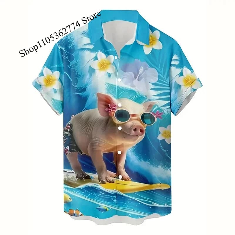 Camicia Hawaiana alla Moda per Uomo con Stampa 3D di Animali, Maiali e Cani, Manica Corta, Nuovo Design Estivo da Spiaggia con Colletto e Bottoni
