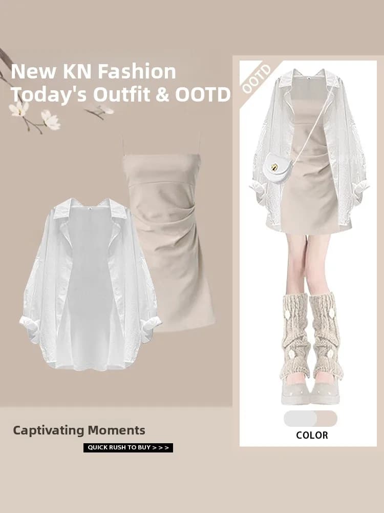 White Loose Women's Shirt Korean Style Spring New Fashion Slimming Belted Wrap Dress Two-Piece Set Long Sleeve Collar