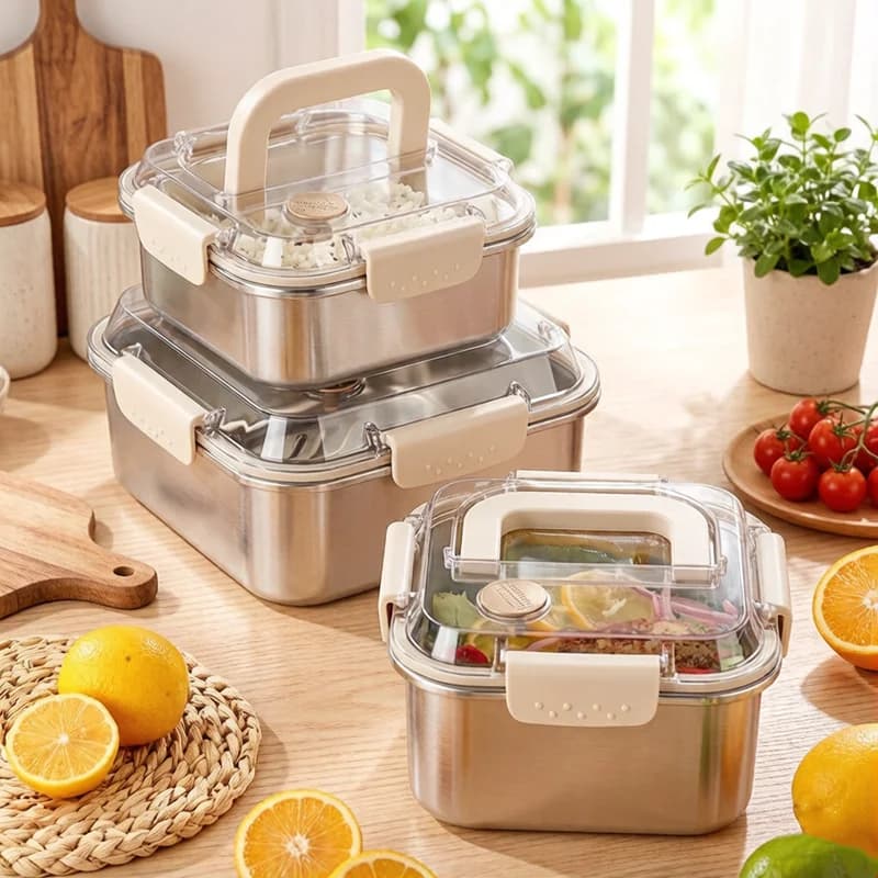 Contenitore per Alimenti Portatile in Acciaio Inox di Grande Capacità, Scatola Pranzo Sigillata con Manico per Campeggio, Picnic, Frutta e Insalata
