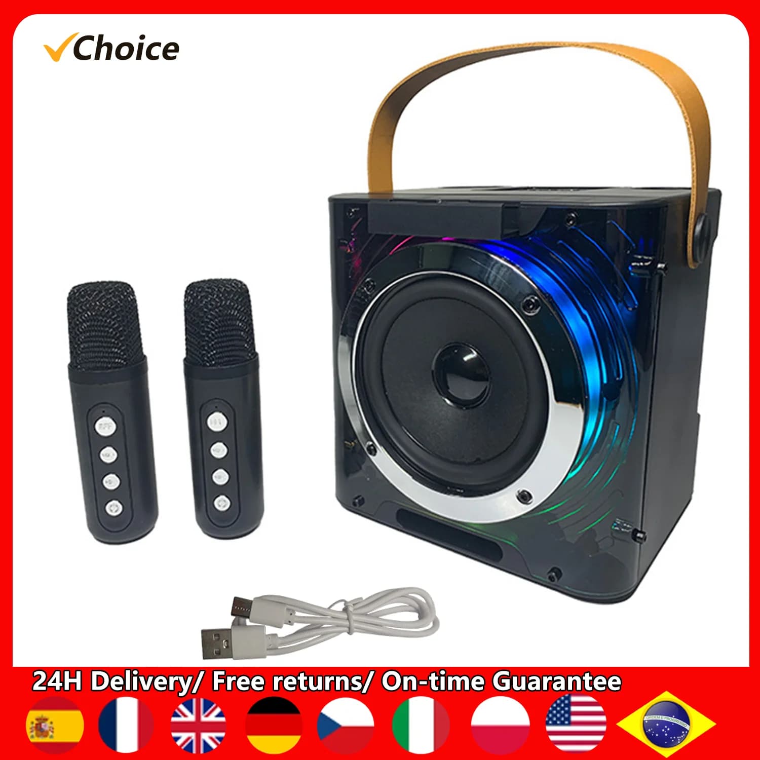 Macchina per Karaoke con 2 microfoni Wireless BT microfono e altoparlante KTV Set con effetti di luce RGB microfono portatile