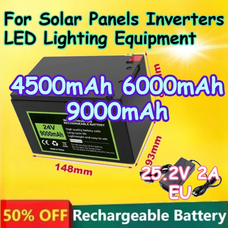 Batteria al Litio Ricaricabile 18650 24V 4500mAh-9000mAh per Pannelli Solari, Inverter, Illuminazione LED + Caricabatterie 25.2V