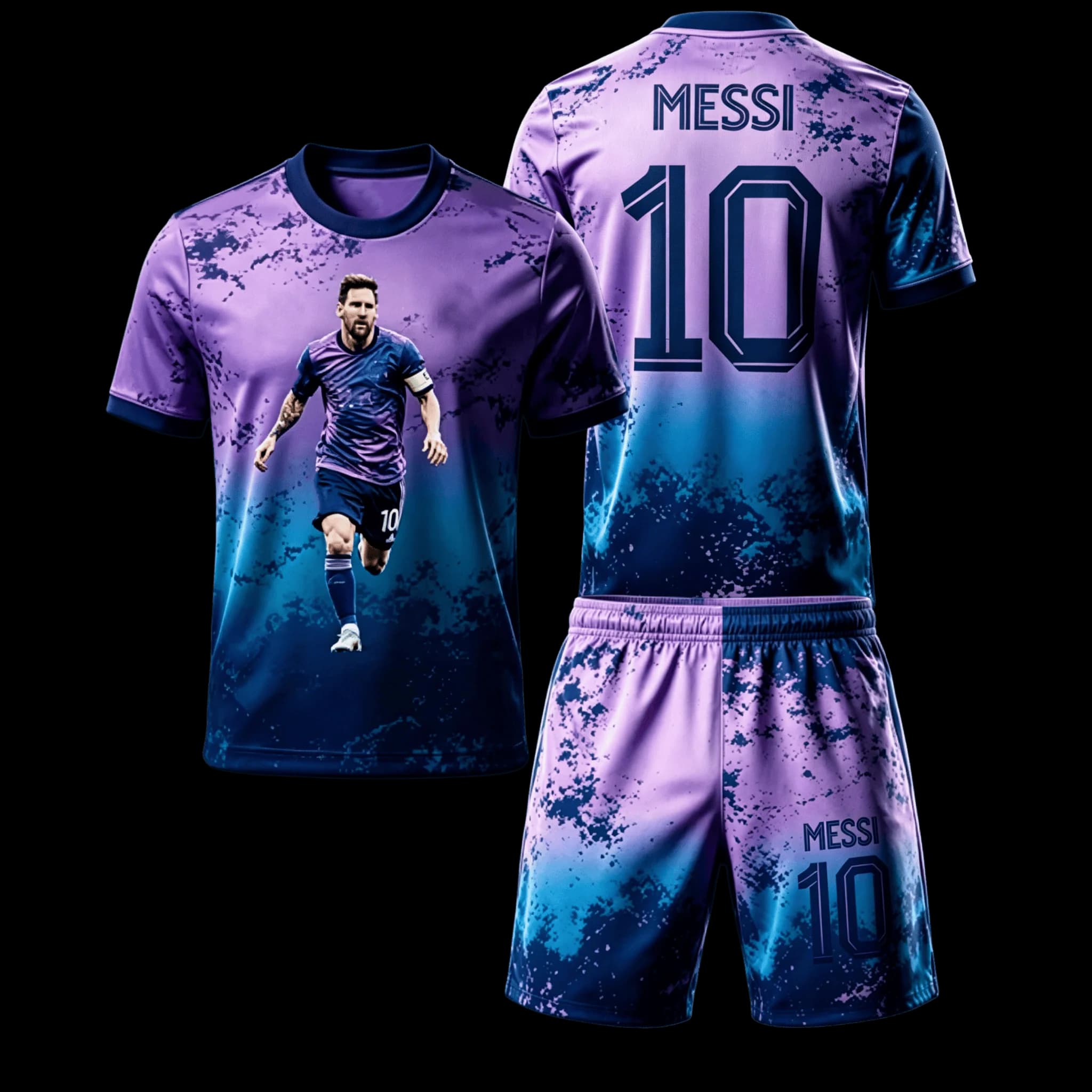 2026 Summer Messi Purple Tie Dyeing Fashion Printed Football T-shirt Shorts Set Adult/Children Large Loose Quick Drying