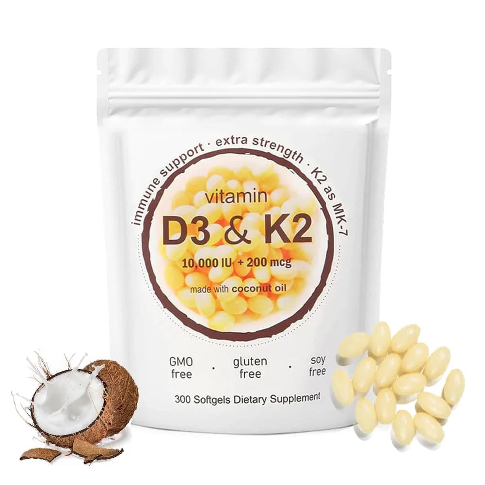 Vitamin D3 10,000 IU + K2, 300 Softgels with Virgin Coconut Oil | 2-in-1 Vitamins D & K Complex | Extra Strength, Non-GMO